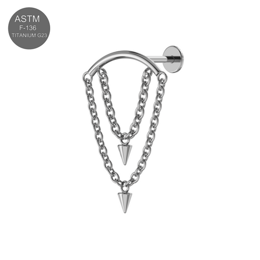 G23 Titanium Dangling Cone with Chain Fancy Design Thread-less Push-Fit With Flatback Stud - Monster Piercing