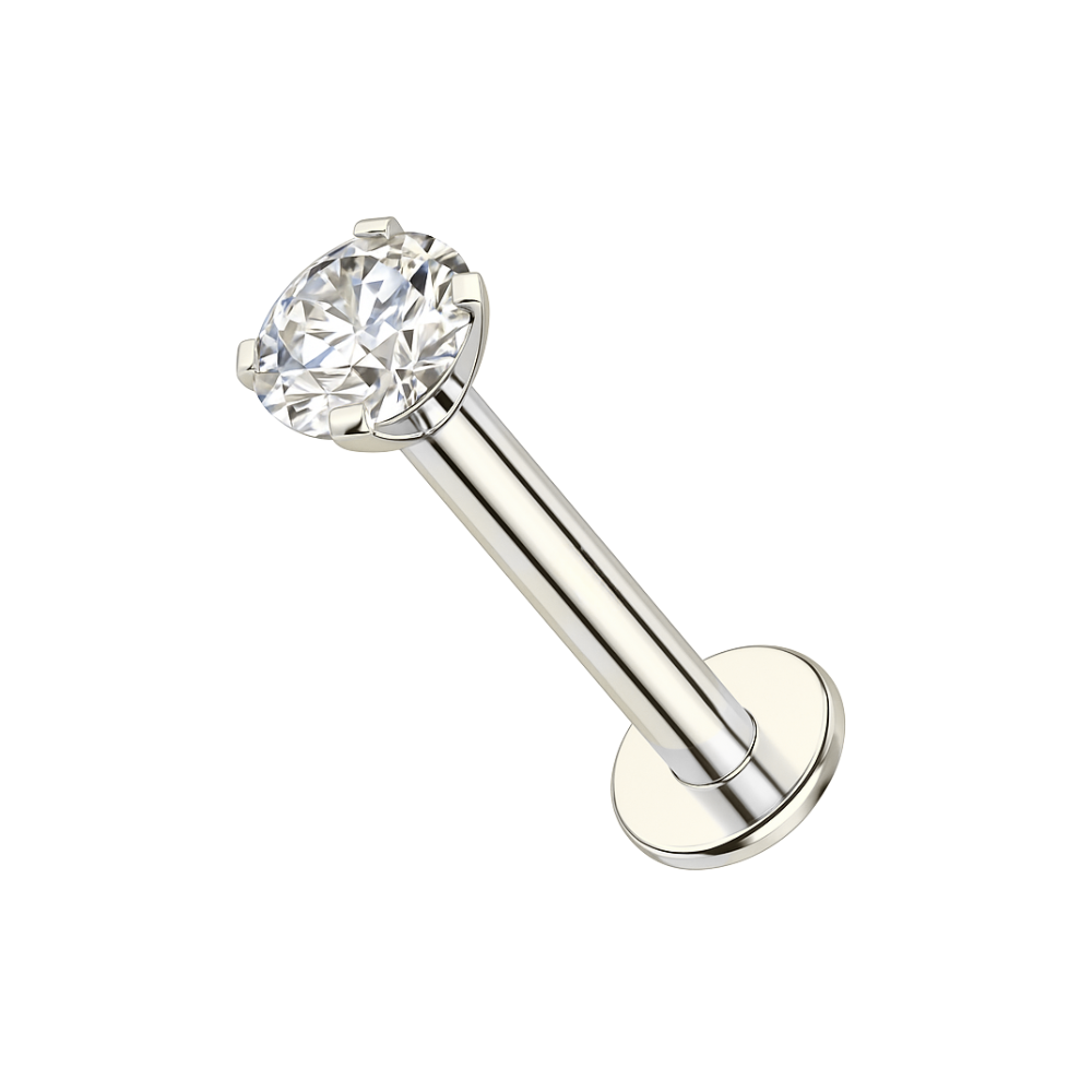 14K Gold Lip Labret with Round Cubic Zirconia Push Fit Top - Monster Piercing