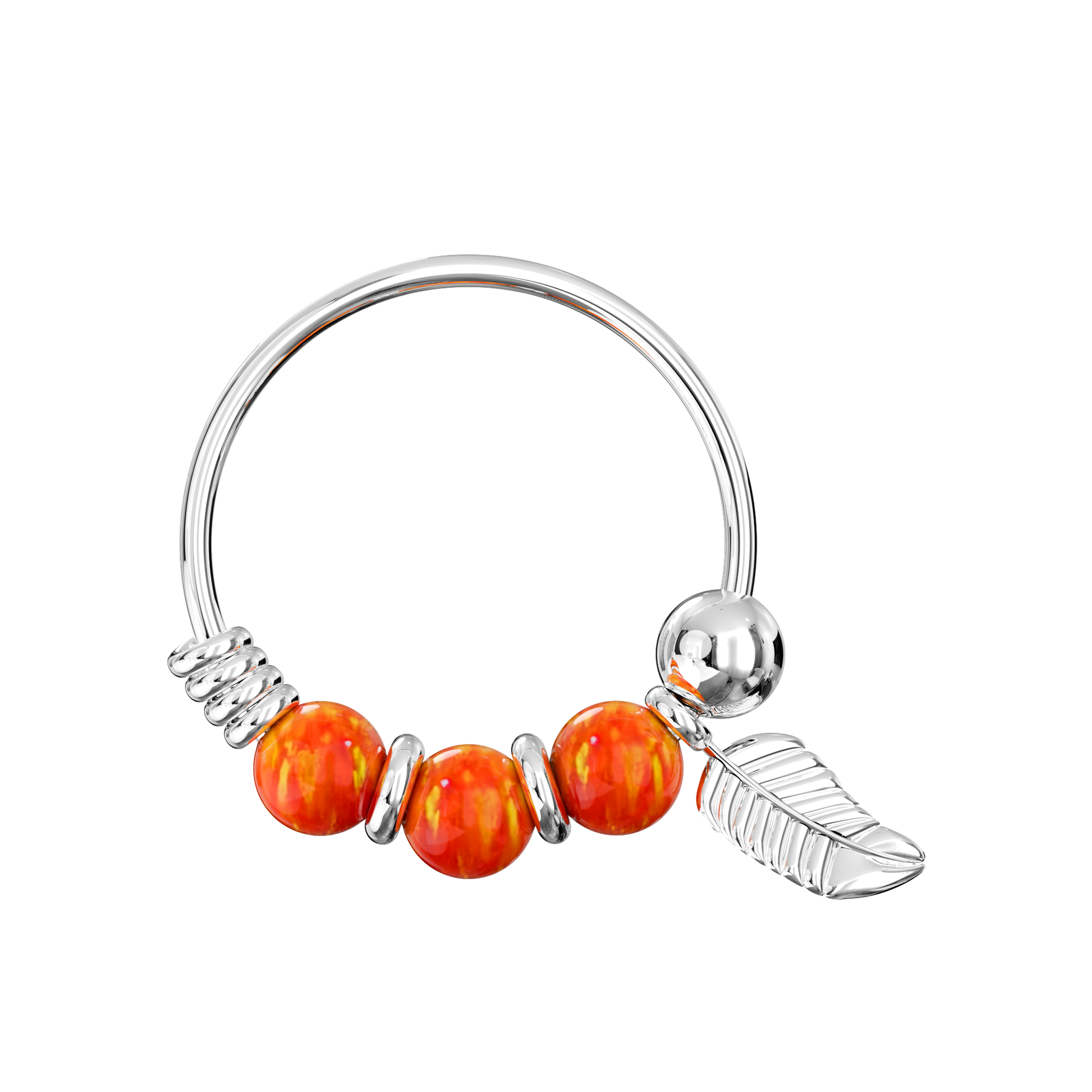 925 Sterling Silver Opal Bead with Leaf Charm Nose Hoop Ring - Monster Piercing