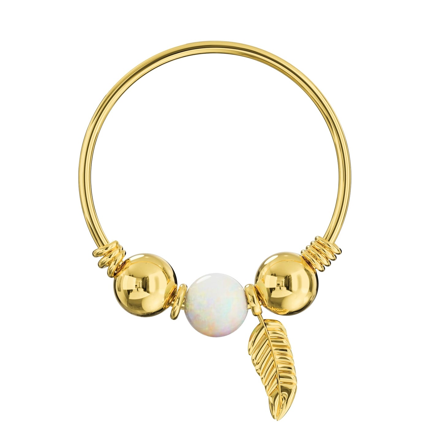 9K Gold Opal Bead and Leaf Charm Nose Hoop Ring - Monster Piercing