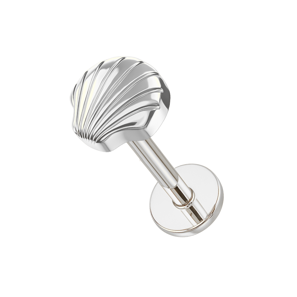 Silver G23 Titanium Seashell Elegance Flatback stud featuring a polished seashell design, ideal for secure and stylish body jewelry wear.