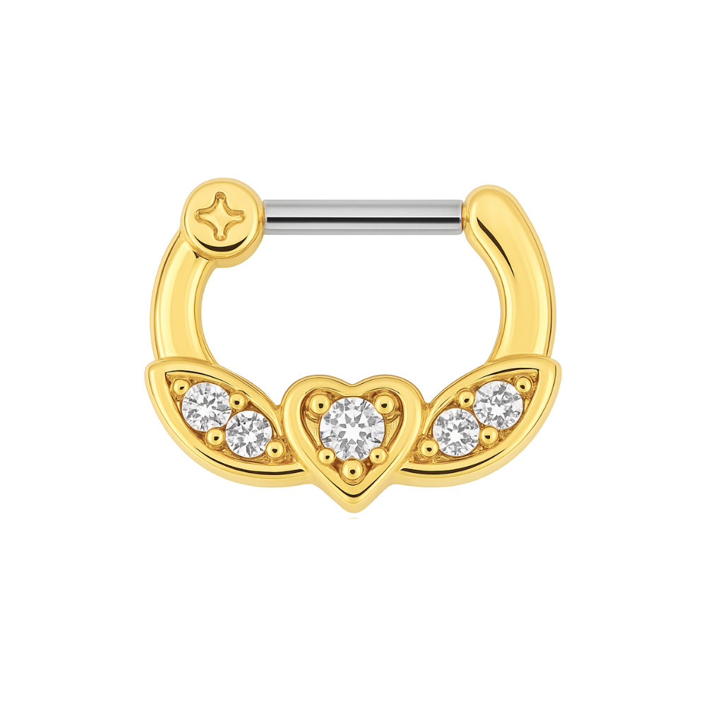 316L Surgical Steel PVD Micro Paved CZ Flying Heart Septum Clicker Ring