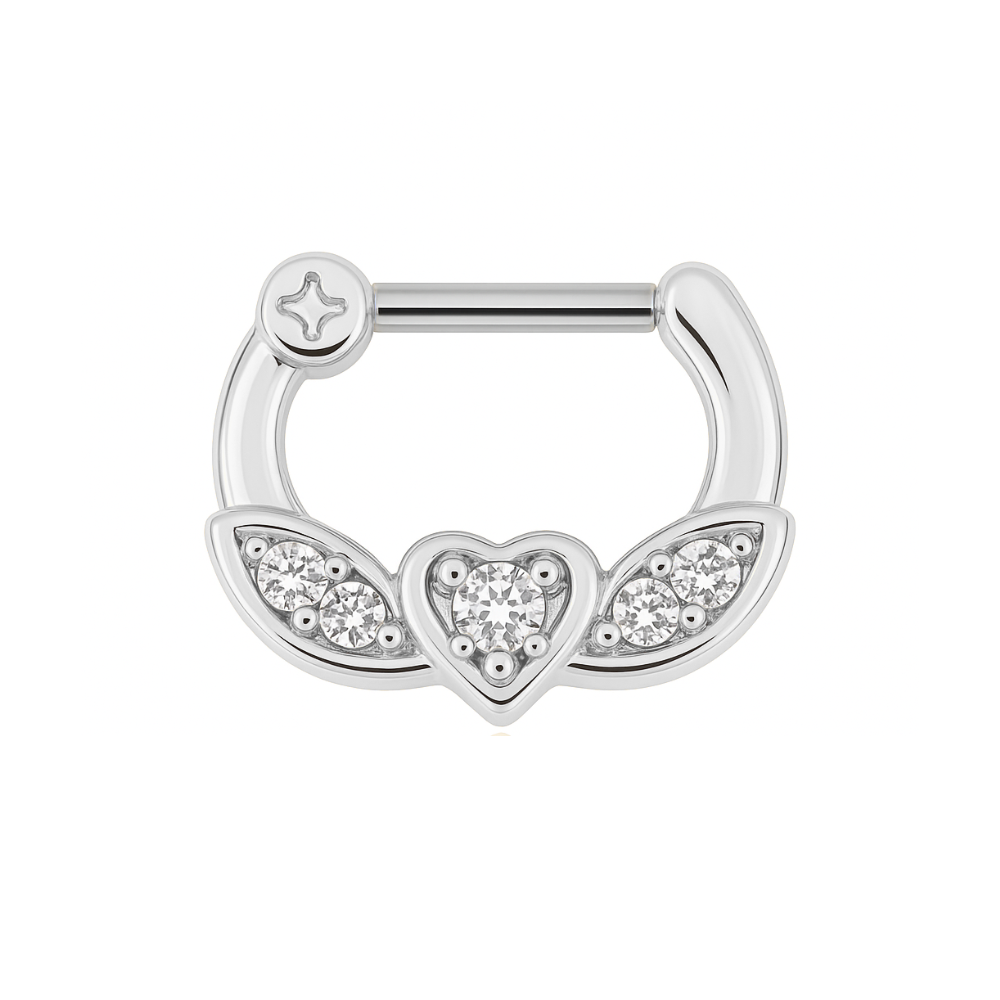 316L Surgical Steel PVD Micro Paved CZ Flying Heart Septum Clicker Ring