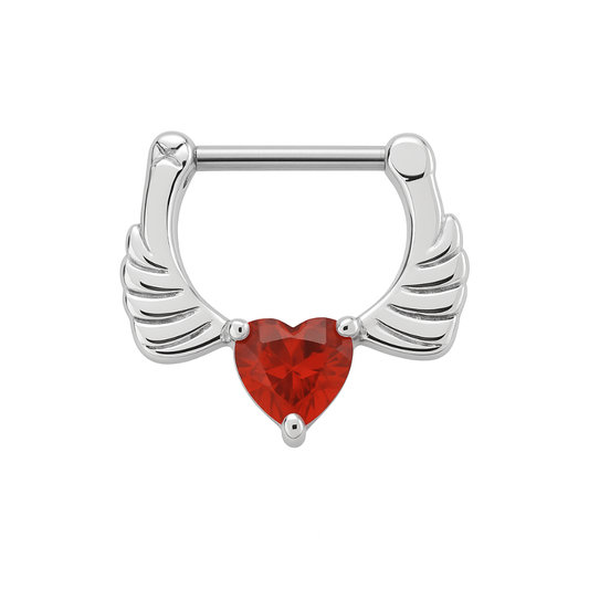 316L Surgical Steel Angel Wings with Red Heart CZ Septum Clicker