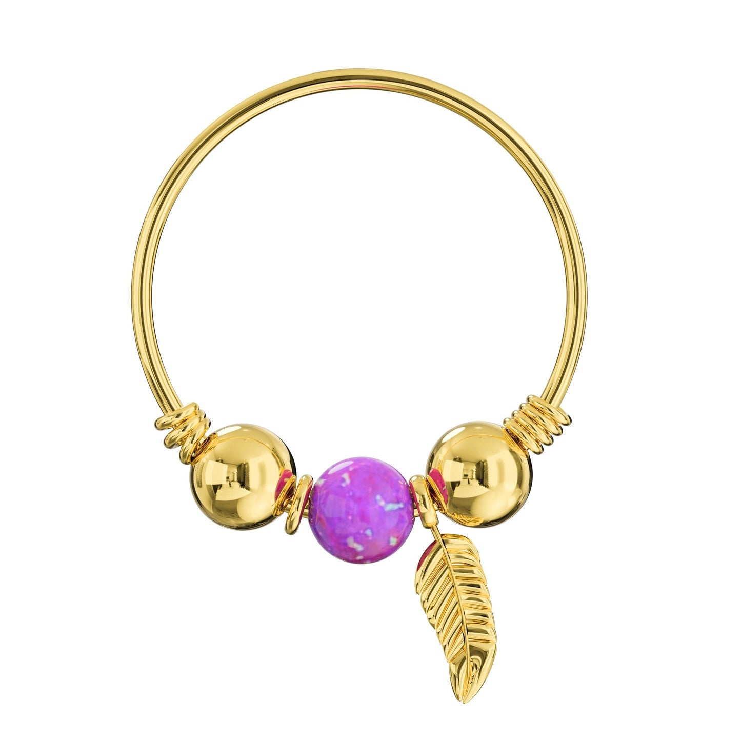 9K Gold Opal Bead and Leaf Charm Nose Hoop Ring - Monster Piercing