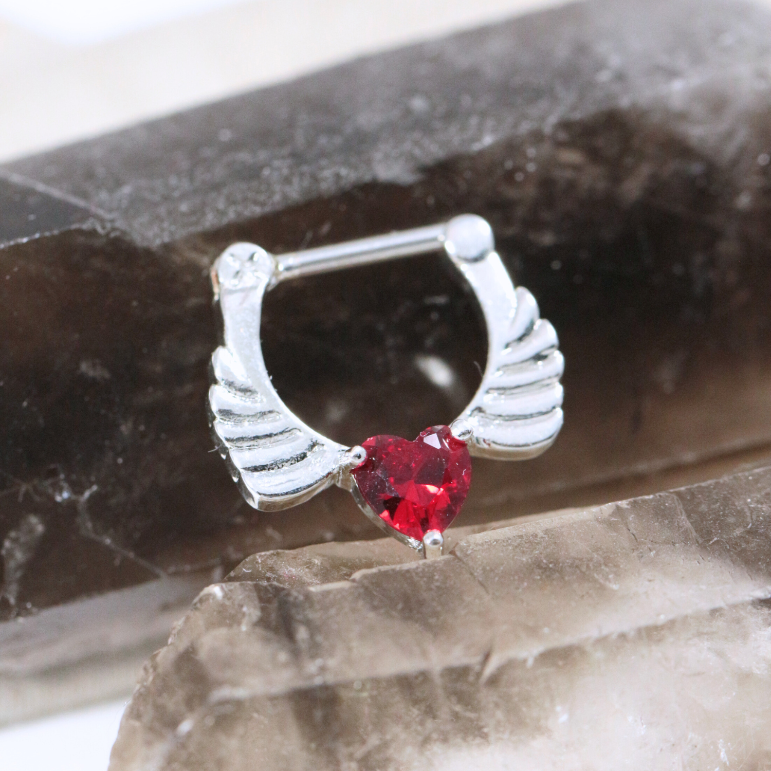 316L Surgical Steel Angel Wings with Red Heart CZ Septum Clicker - Monster Piercing