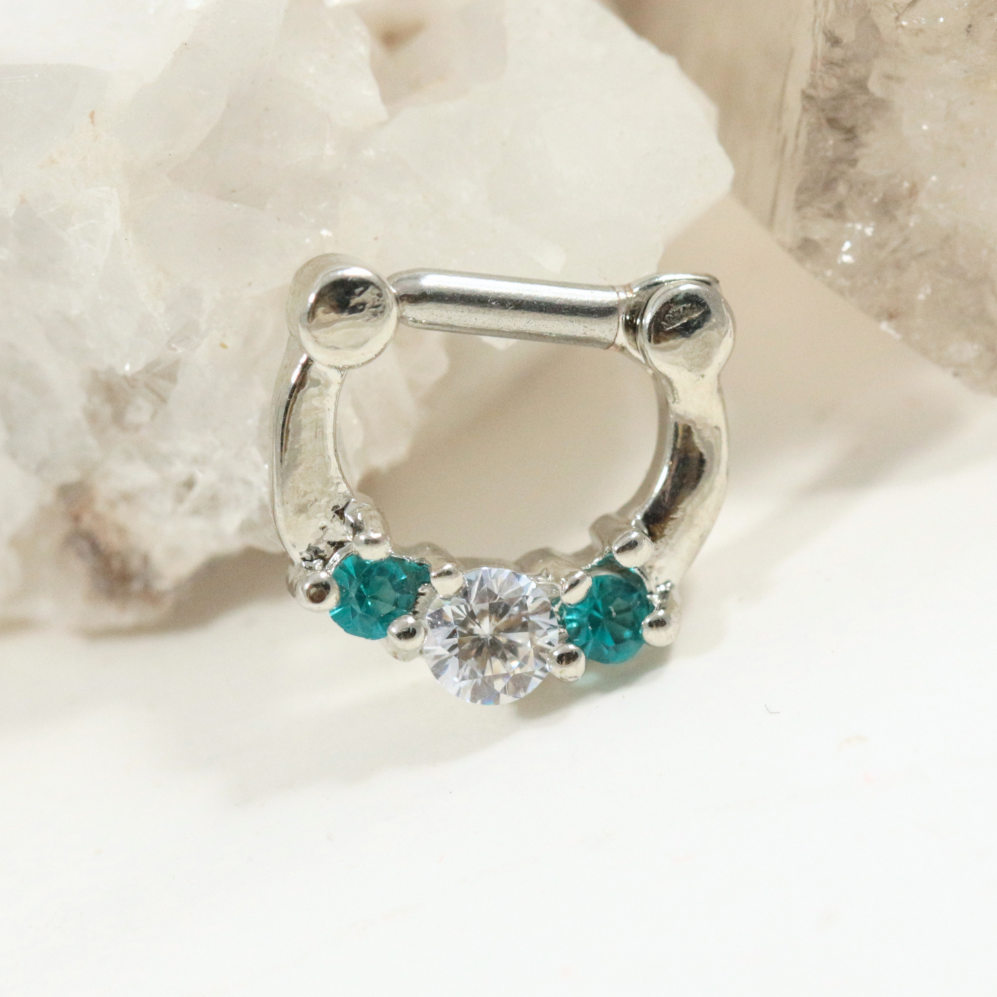 316L Surgical Steel Three Pronged White and Aqua CZs Septum Clicker Ring - Monster Piercing