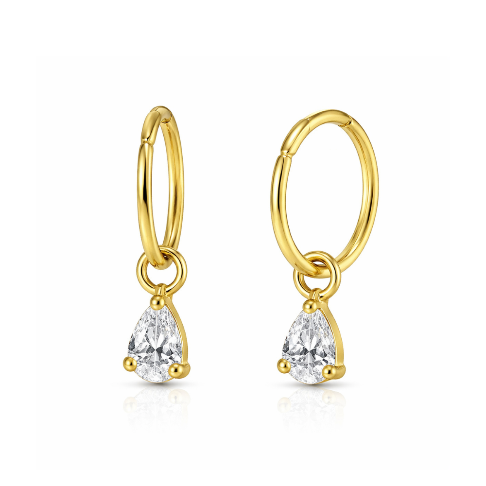 Jewelled Pear Drop Hinged Clicker Earrings in yellow gold finish featuring sparkling pear-shaped jewel, ideal for stylish body jewelry collections.