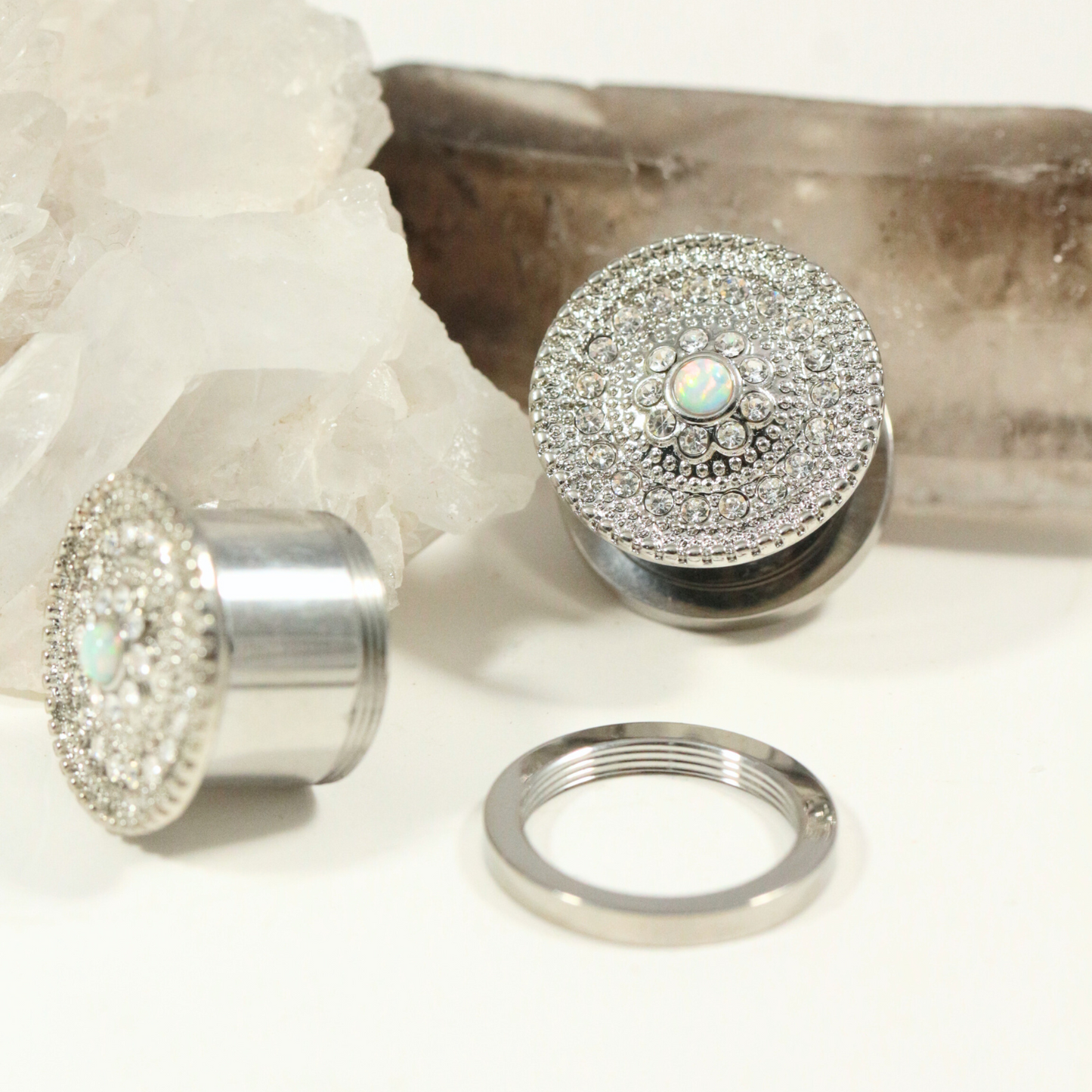 316L Surgical Steel CZ and Opal Stone Flesh Tunnel