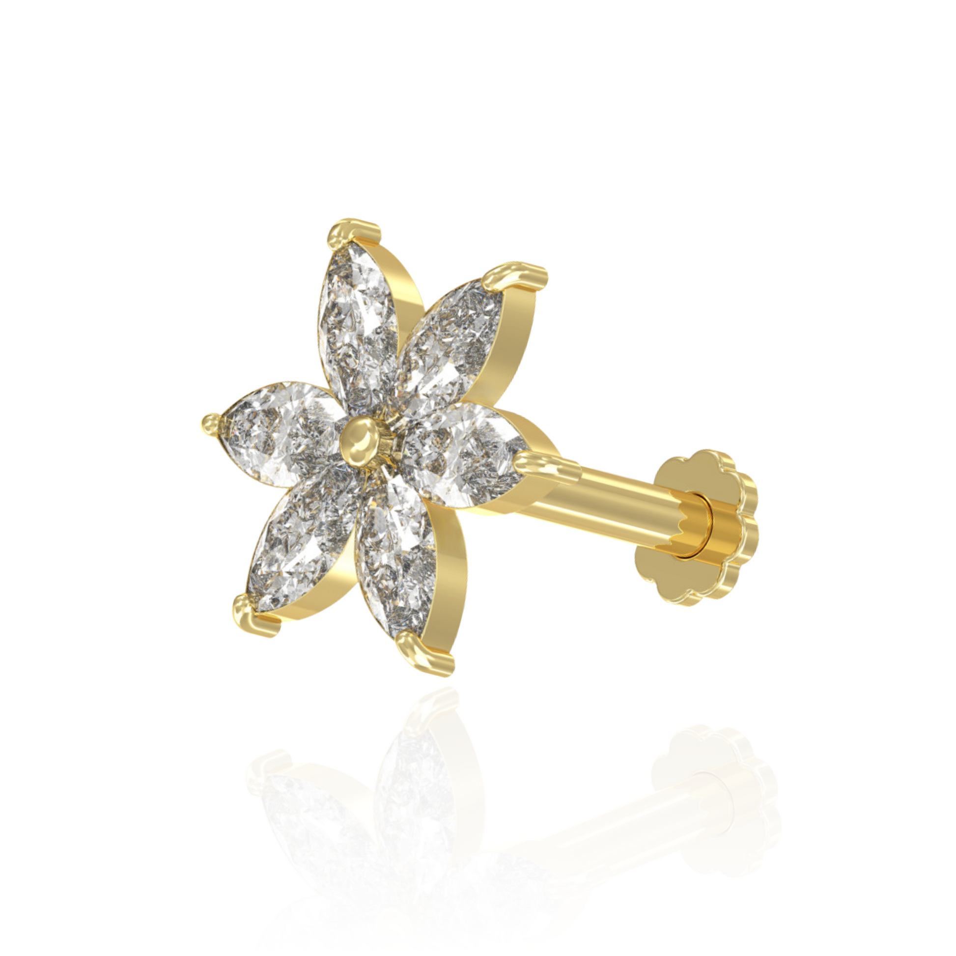 14K Gold Marquise CZ Jewelled Pentas Flower Internal Thread Labret with Flowerback Stud - Monster Piercing