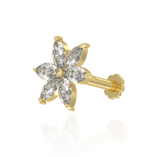 14K Gold Marquise CZ Jewelled Pentas Flower Internal Thread Labret with Flowerback Stud - Monster Piercing