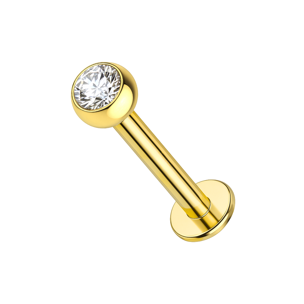 14K Gold Round CZ Jewelled Push-Fit Labret with Flatback Stud - Monster Piercing