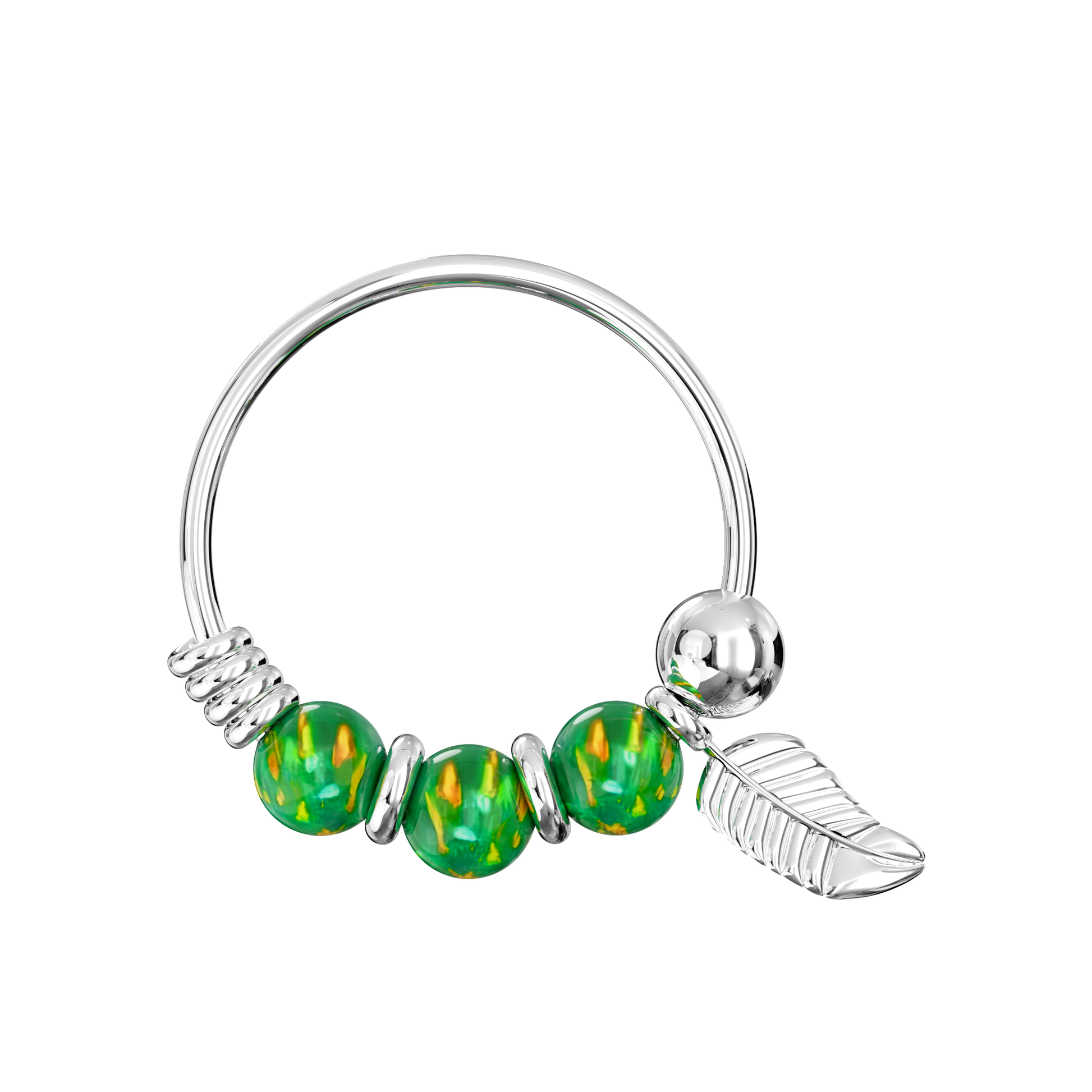 925 Sterling Silver Opal Bead with Leaf Charm Nose Hoop Ring - Monster Piercing
