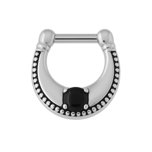316L Surgical Steel Plain Dotted with Black Stone Jewelled Septum Clicker Ring