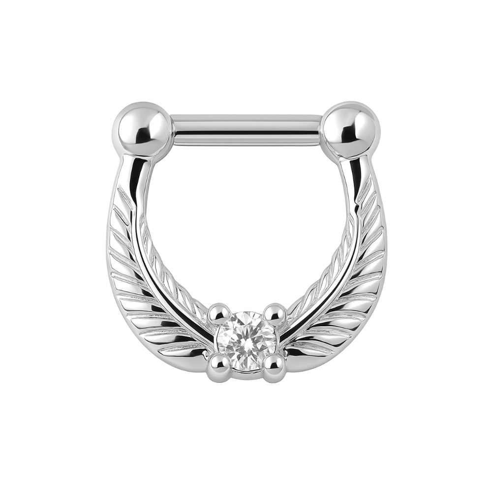 316L Surgical Steel Leaf with Clear Round CZ Stone Septum Clicker Ring
