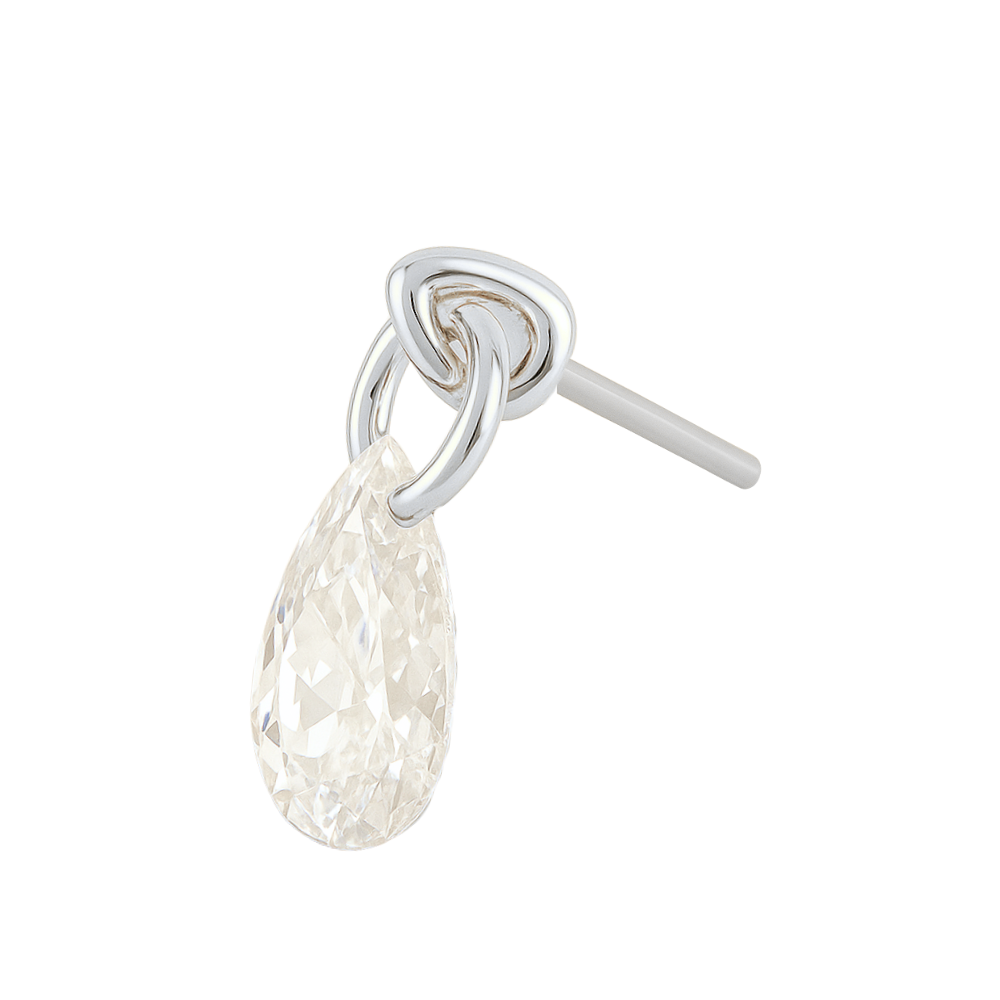 CZ Droplet Threadless Top in silver G23 Titanium featuring a clear teardrop crystal. Ideal for tragus, helix, or labret piercings.