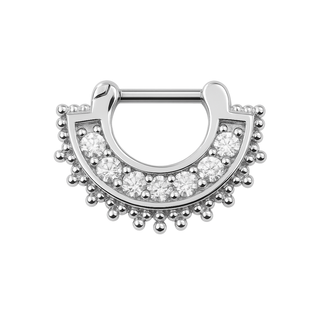 316L Surgical Steel Tribal Dots & Sparkling Round Cubic Zirconia Septum Clicker Ring