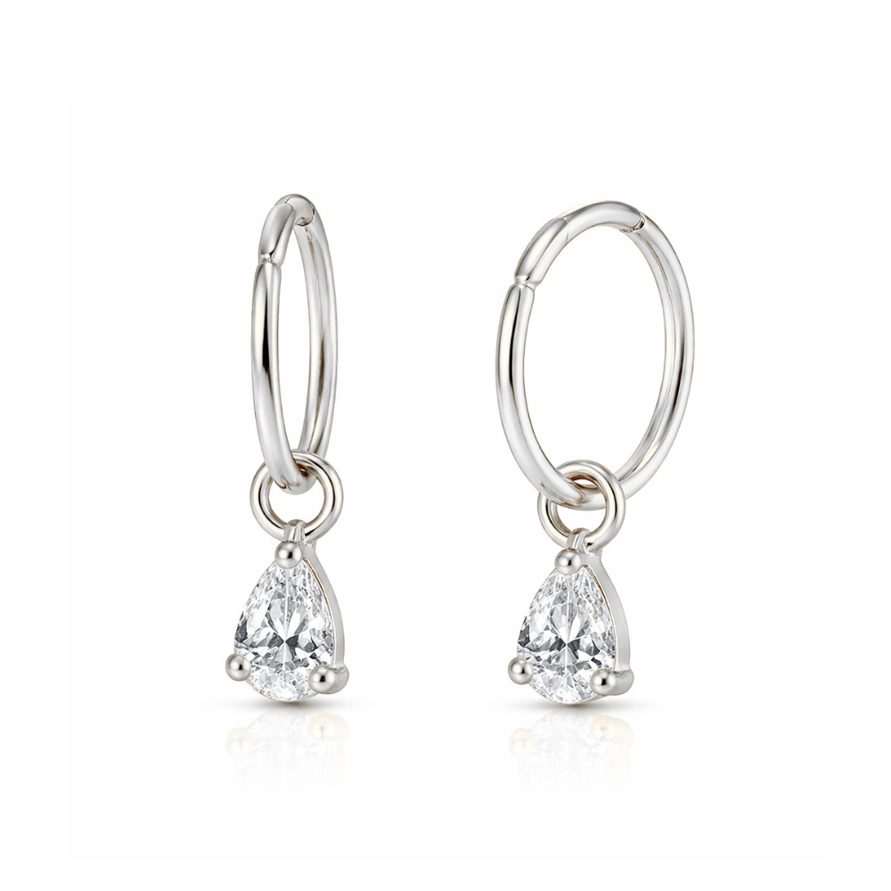 925 Sterling Silver Jewelled Pear Drop Hinged Clicker Earrings with clear teardrop gem, offering timeless elegance for fashion-forward accessories.