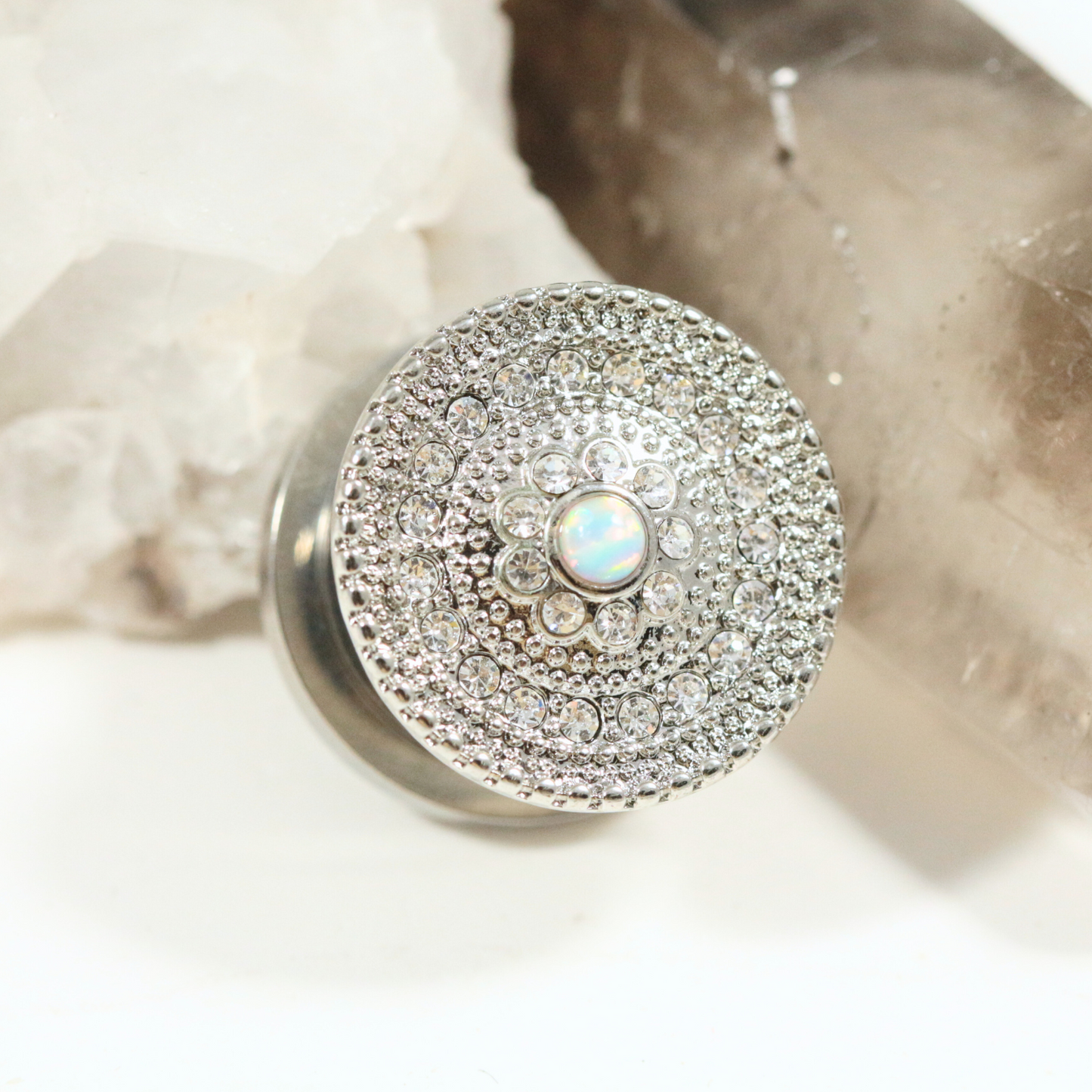 316L Surgical Steel CZ and Opal Stone Flesh Tunnel