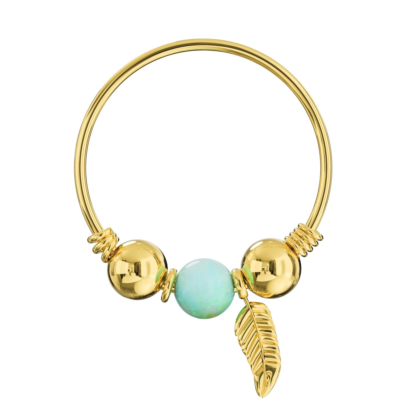 14K Gold Opal Bead with Leaf Charm Nose Hoop Ring - Monster Piercing
