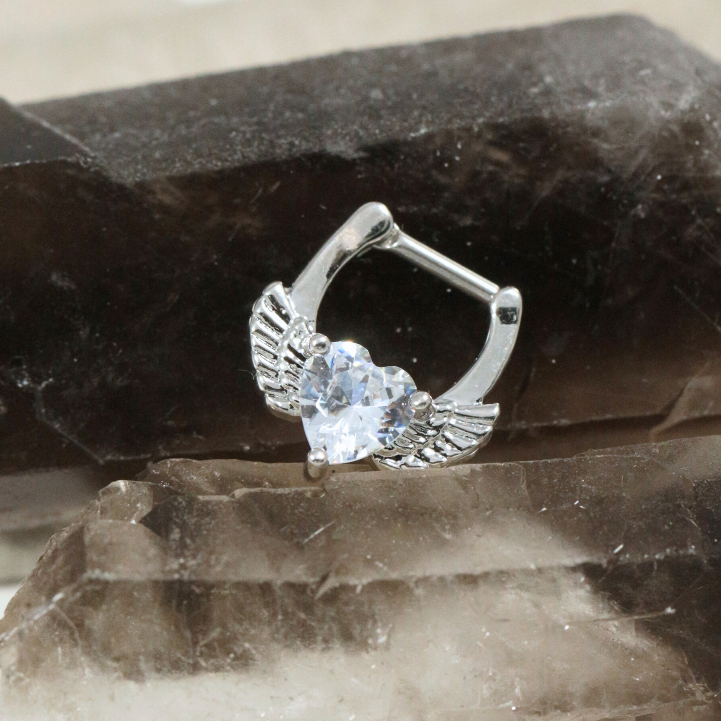 316L Surgical Steel Angel Wings with Heart CZ Septum Clicker - Monster Piercing