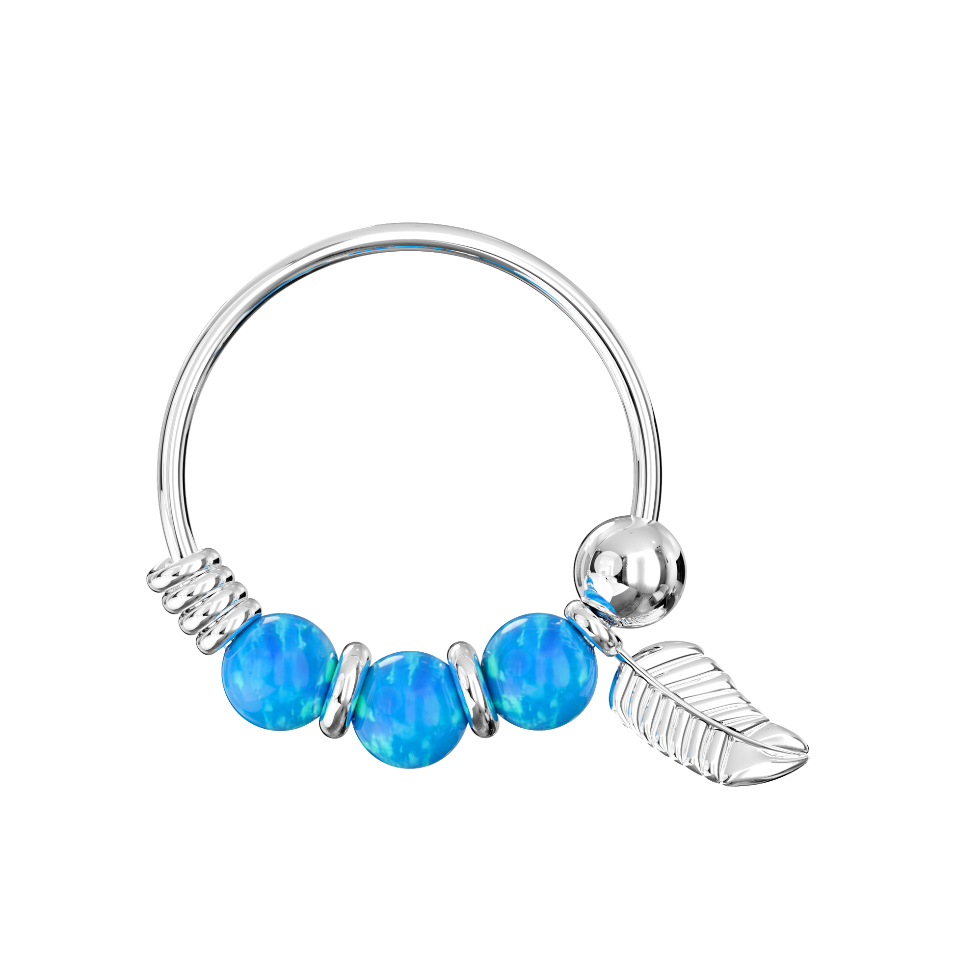 925 Sterling Silver Opal Bead with Leaf Charm Nose Hoop Ring - Monster Piercing