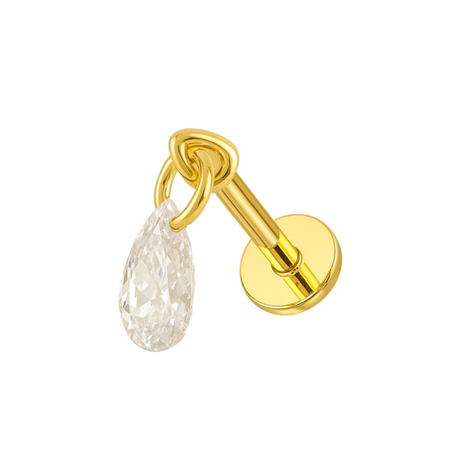 G23 Titanium CZ Droplet Stud in gold with teardrop cubic zirconia charm, threadless flatback for cartilage or helix piercings.