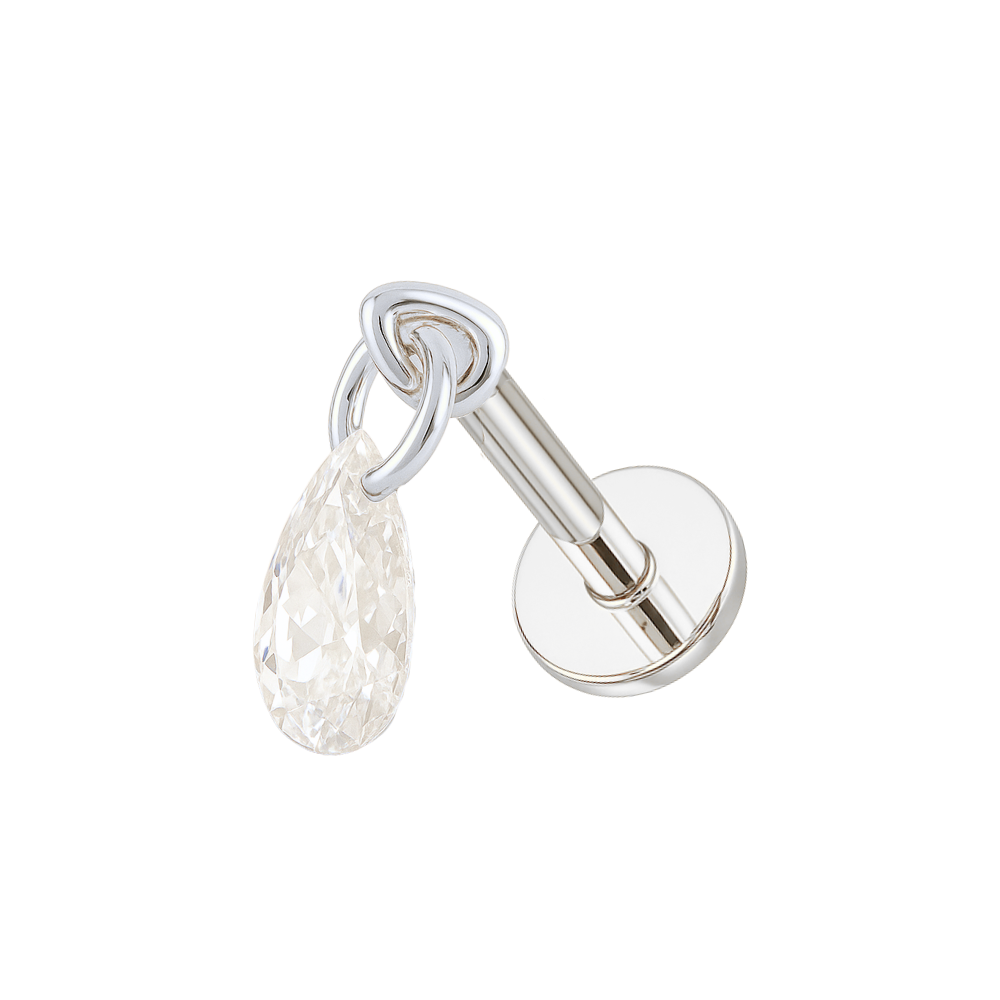 Elegant sparkle G23 Titanium CZ Droplet Stud in silver tone, featuring a clear teardrop zirconia and push-fit flatback design.