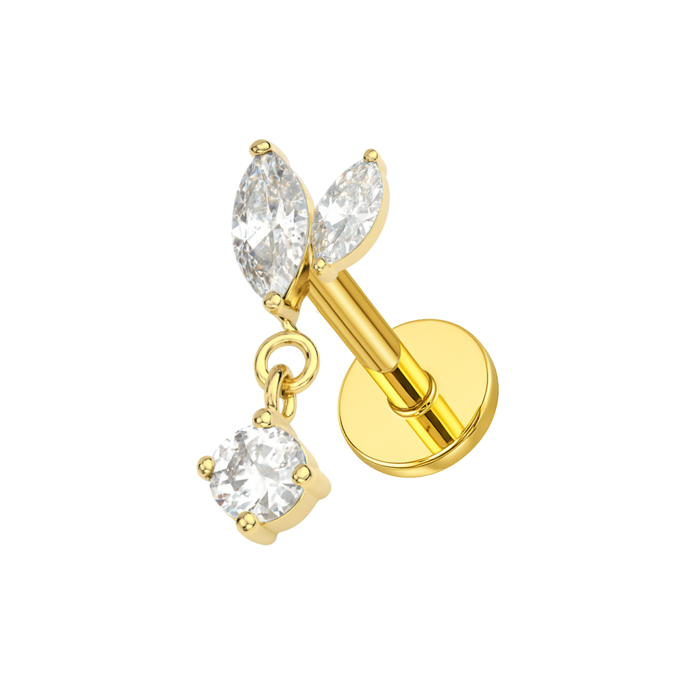 Gold G23 titanium leaf drop flatback stud with marquise CZ and hanging cubic zirconia. Stylish and safe for helix, tragus, and labret piercings.