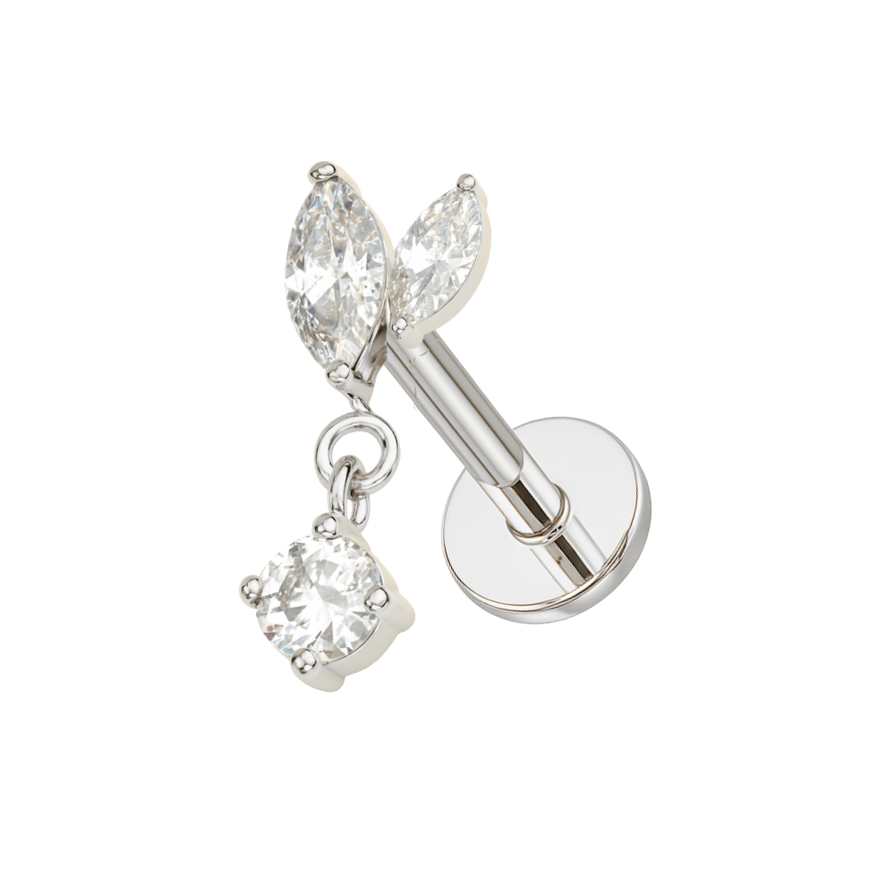 Luxury Leaf Drop Flatback in silver G23 titanium with marquise CZ stones and dangling cubic zirconia. Hypoallergenic and elegant for cartilage piercings.