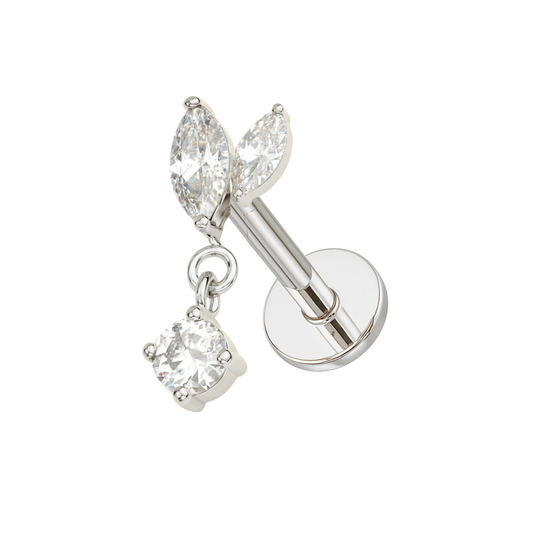 Luxury Leaf Drop Flatback in silver G23 titanium with marquise CZ stones and dangling cubic zirconia. Hypoallergenic and elegant for cartilage piercings.