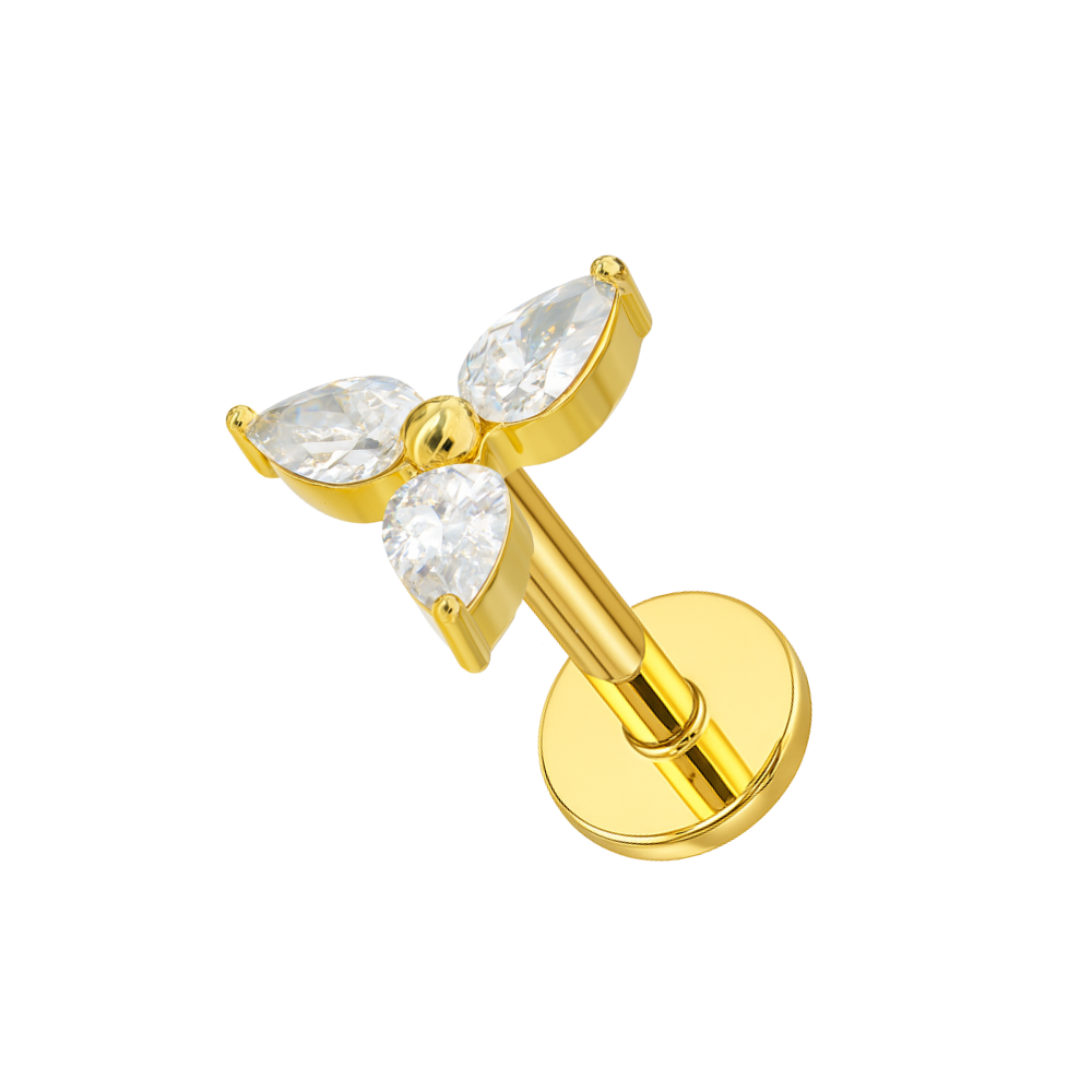G23 Titanium Triple CZ Flower Stud in gold with three pear-cut cubic zirconia petals on a flatback post. Ideal for cartilage, tragus, or helix piercings.