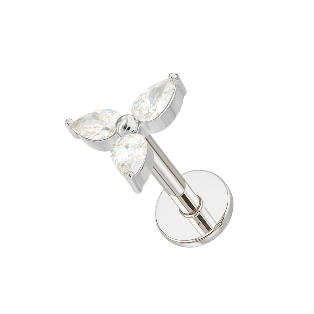 Floral Sparkle G23 Titanium Triple CZ Flower Stud in silver tone featuring three clear cubic zirconia stones on a threadless flatback design.