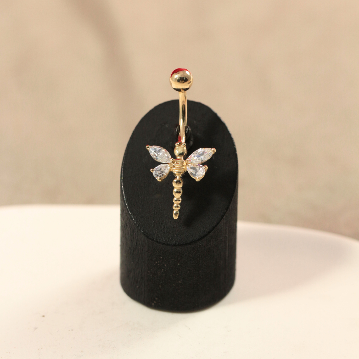 14K Solid Gold Jewelled Dangling Dragonfly Belly Ring - Monster Piercing