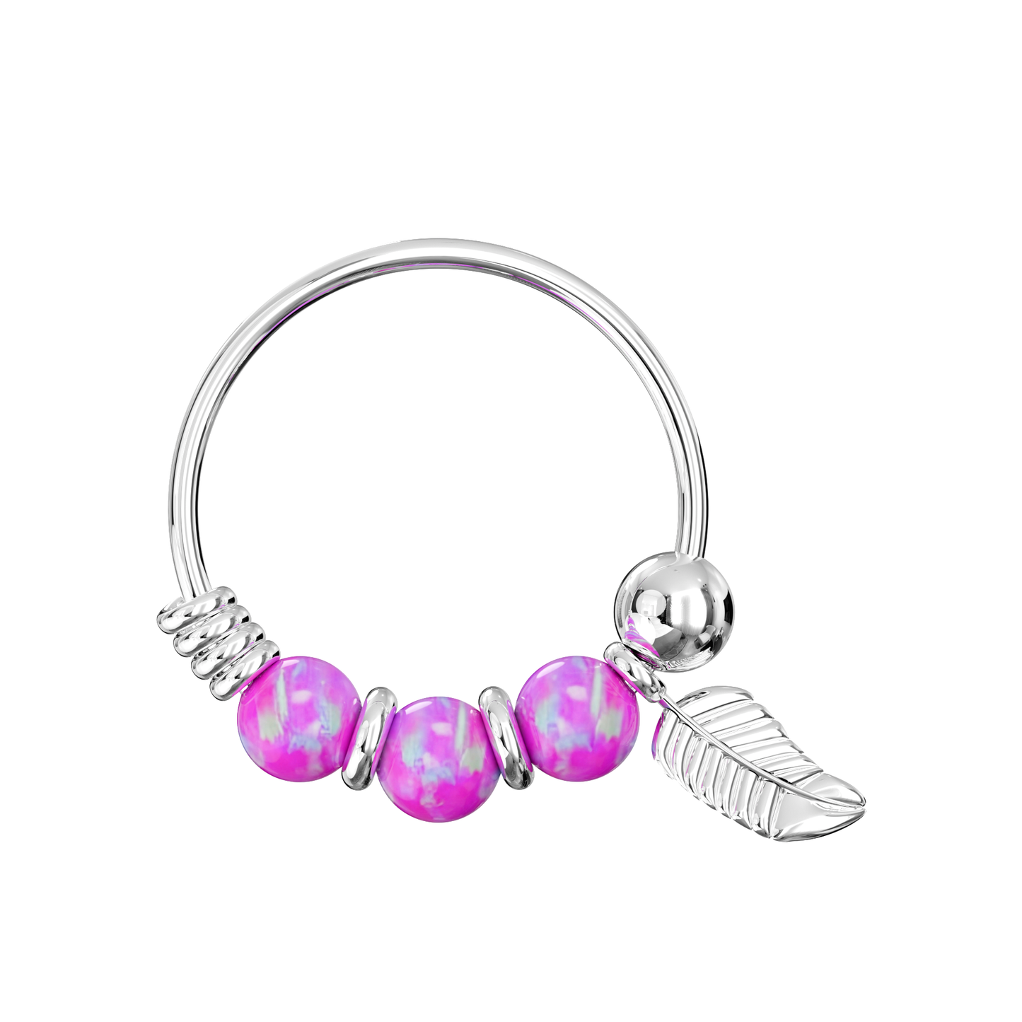 925 Sterling Silver Opal Bead with Leaf Charm Nose Hoop Ring - Monster Piercing