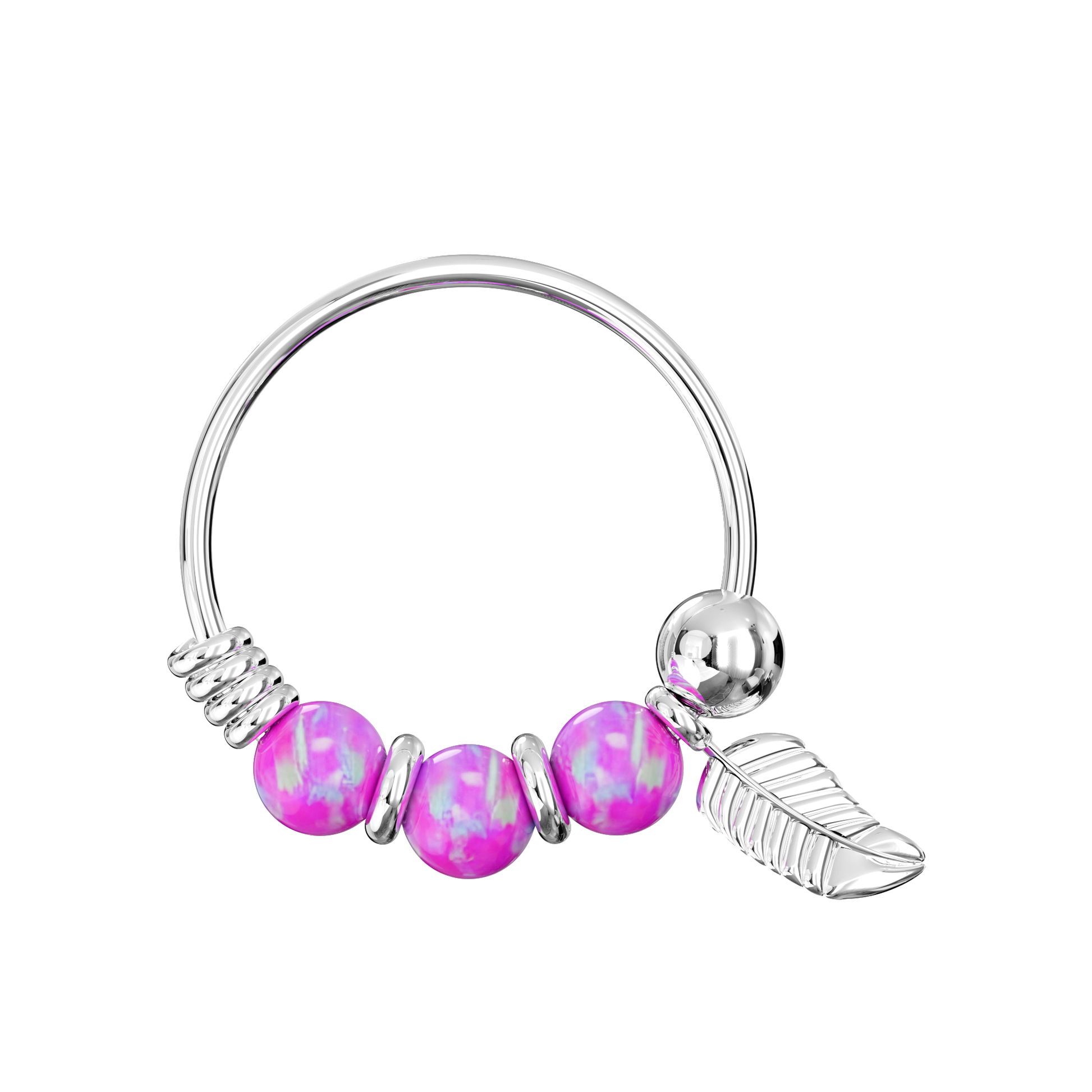 925 Sterling Silver Opal Bead with Leaf Charm Nose Hoop Ring - Monster Piercing