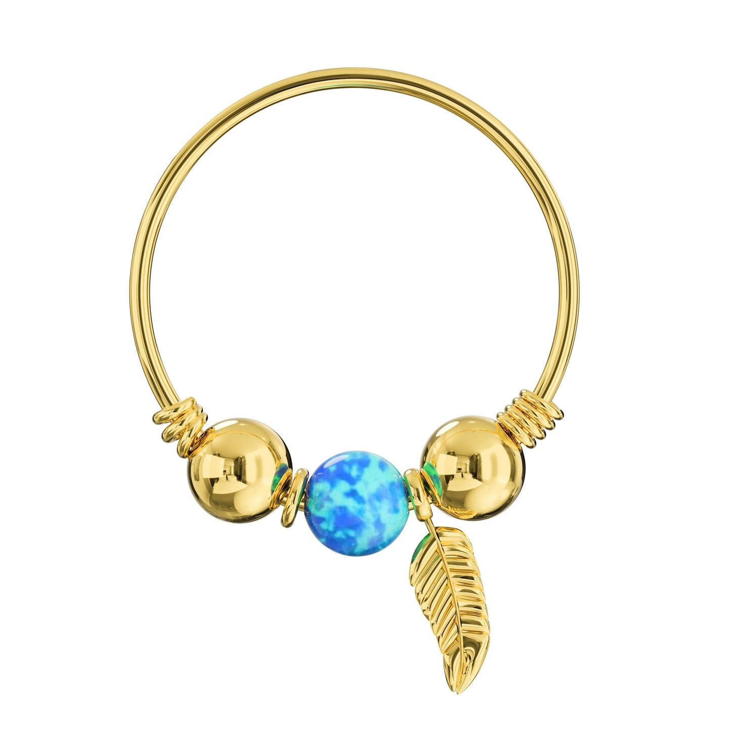 14K Gold Opal Bead with Leaf Charm Nose Hoop Ring - Monster Piercing
