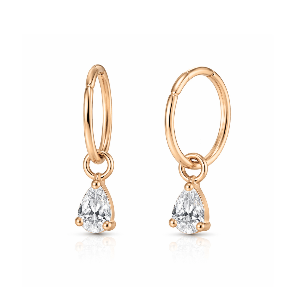 Jewelled Pear Drop Hinged Clicker Earrings in rose gold with teardrop-cut crystal, perfect for elegant fashion styling and body jewelry wear.