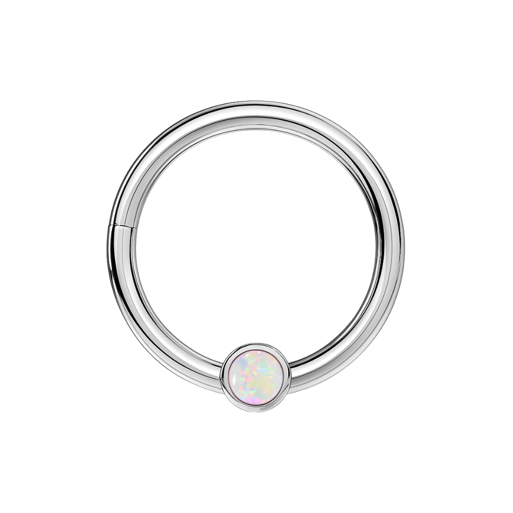 316L Surgical Steel Hinged Segment Ring With Bezel-Set Opal Stone - Monster Piercing