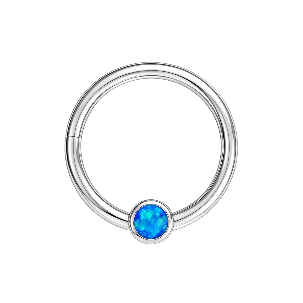 316L Surgical Steel Hinged Segment Ring With Bezel-Set Opal Stone - Monster Piercing
