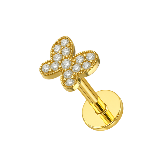 316L Surgical Steel CZ Jewelled Butterfly Internally Threaded Flatback Stud