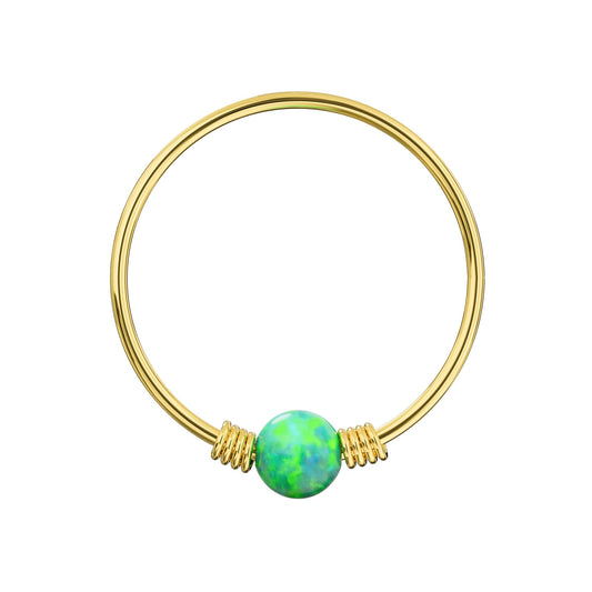 14K Yellow Gold Spring Coil-End with Opal Stone Hoop - Monster Piercing