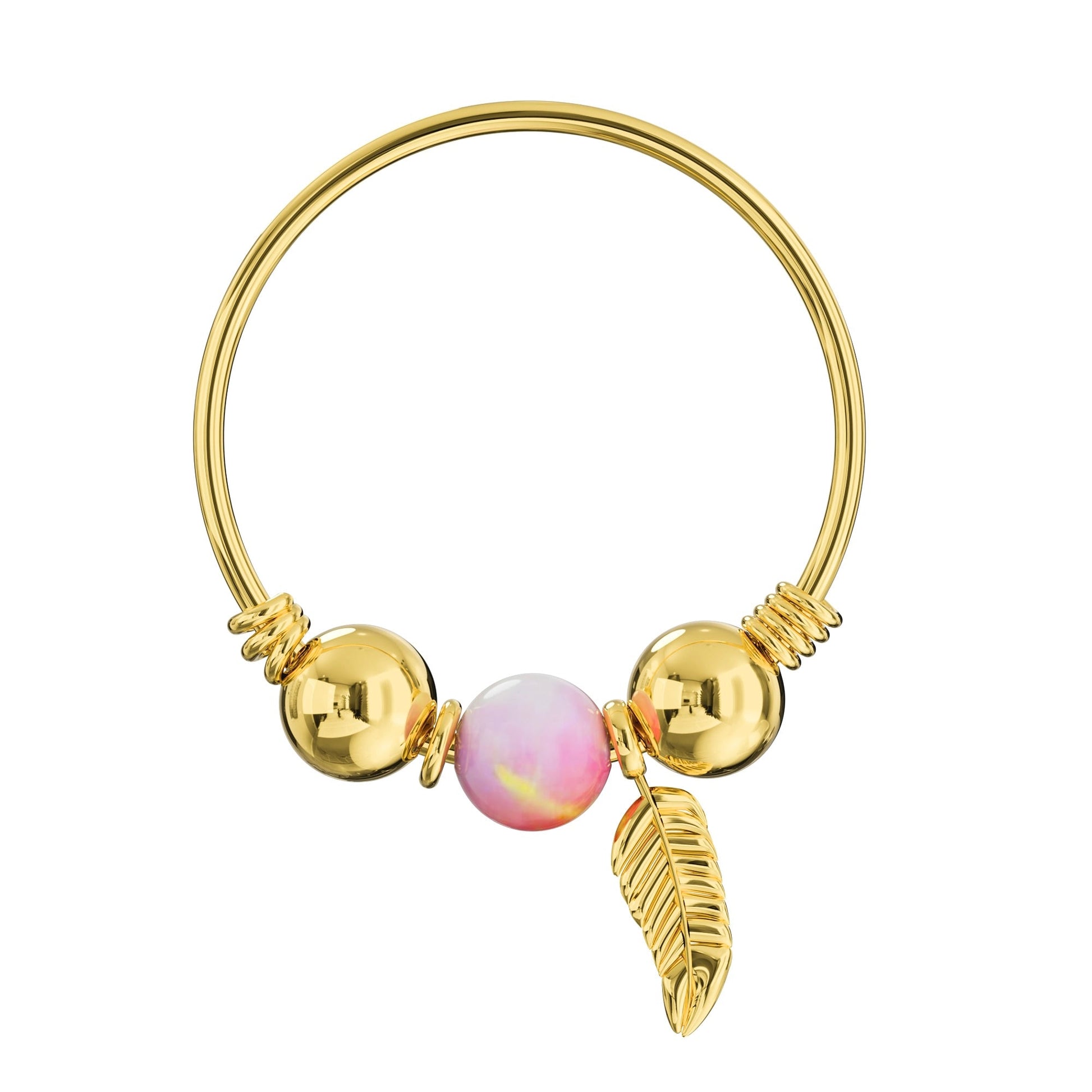 9K Gold Opal Bead and Leaf Charm Nose Hoop Ring - Monster Piercing