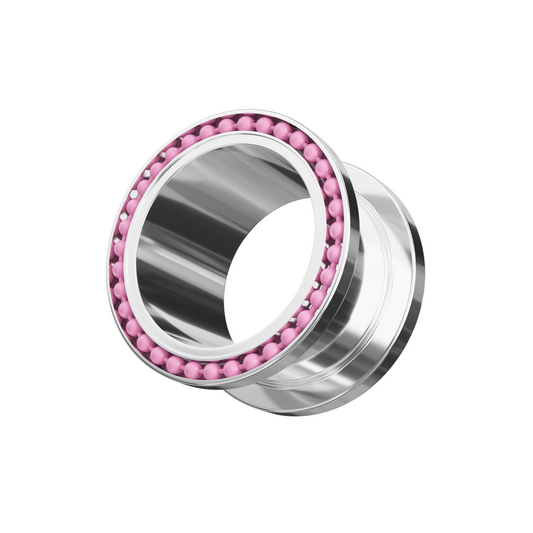 316L Surgical Steel Pink Ball Top White Edge Flesh Tunnel - Monster Piercing