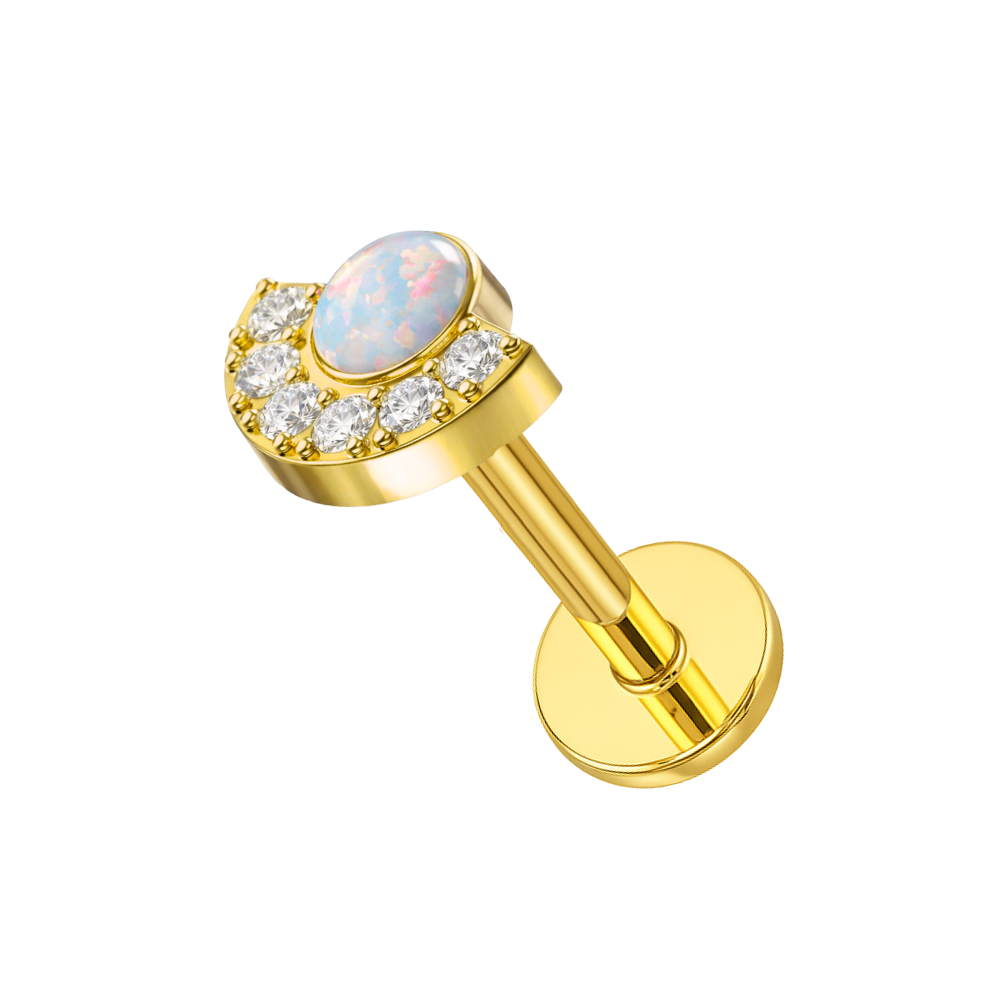 Gold G23 Titanium Crescent Opal & CZ Threadless Stud featuring white opal and cubic zirconia, perfect for helix or labret styling.
