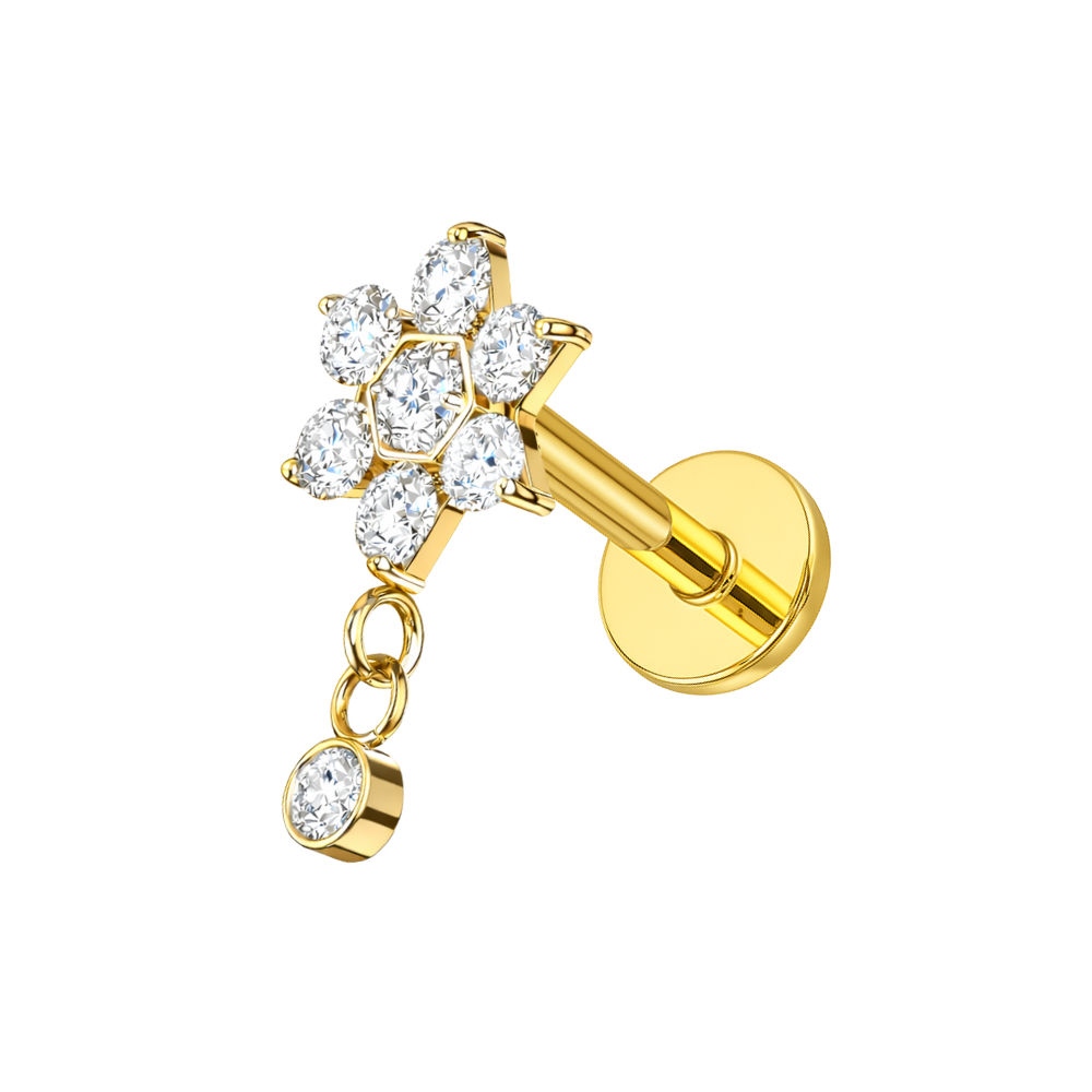 Gold G23 titanium flower CZ dangle flatback stud with hypoallergenic threadless fit, ideal for labrets and ear piercings.