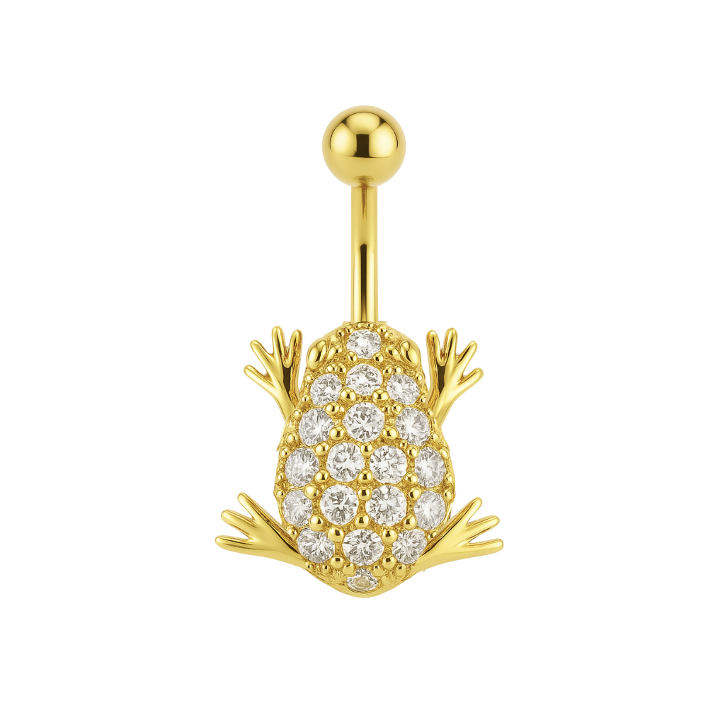Charming 14ct Gold Jewelled Frog Belly Button Ring featuring a non-dangling frog design with sparkling gemstones on a 14K gold barbell.