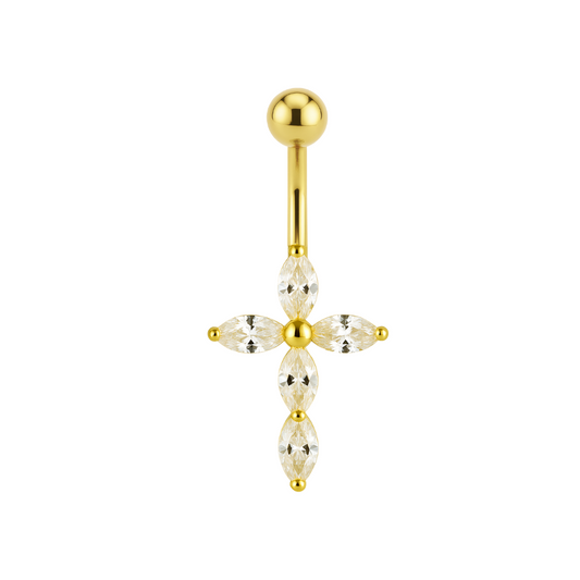 14K Gold Studded Cross Belly Ring
