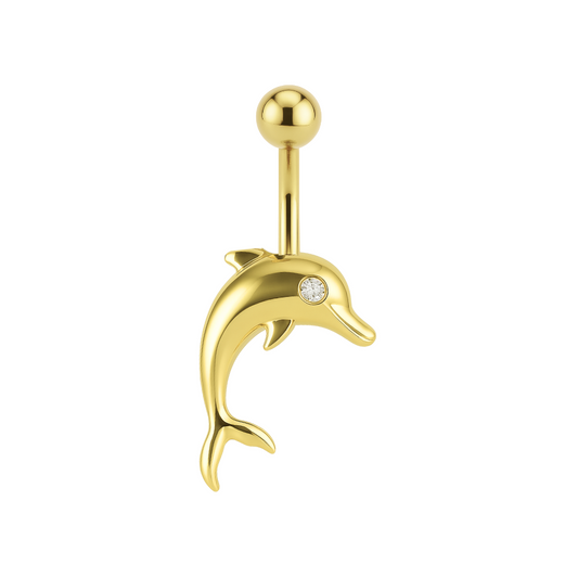 14ct solid gold dolphin belly ring featuring a playful dolphin design with a sparkling gem eye, crafted for elegance and comfort.