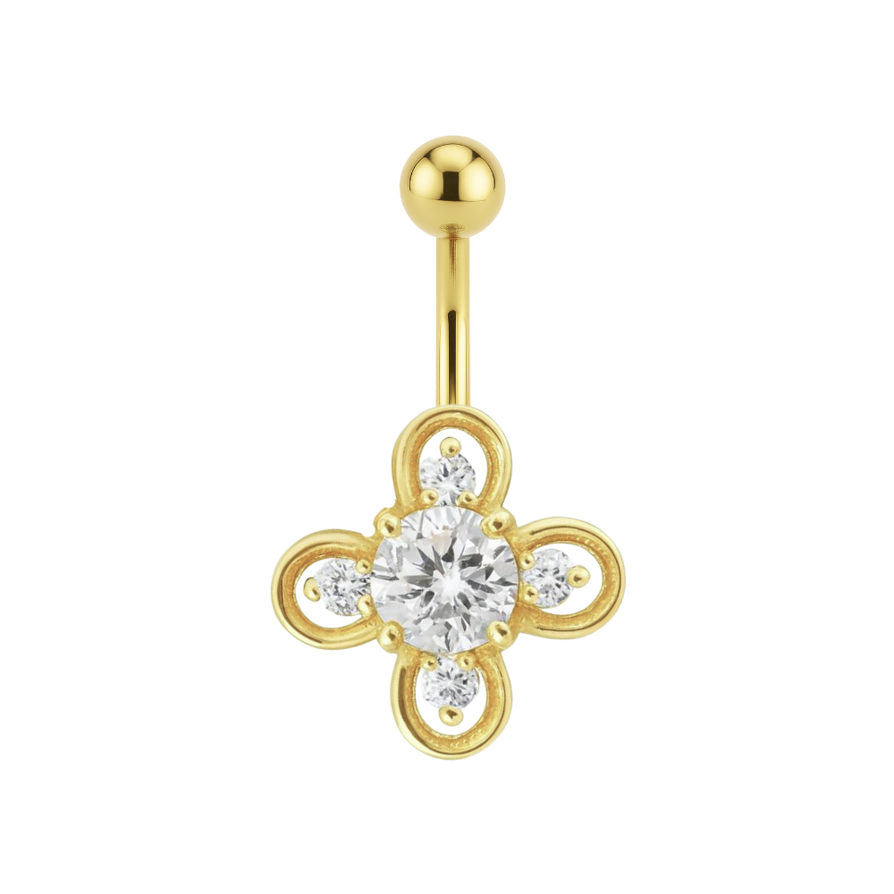 14K Gold Studded Clover Belly Ring featuring a clover-shaped design with sparkling gemstones, crafted in solid 14ct gold for elegant body jewelry.